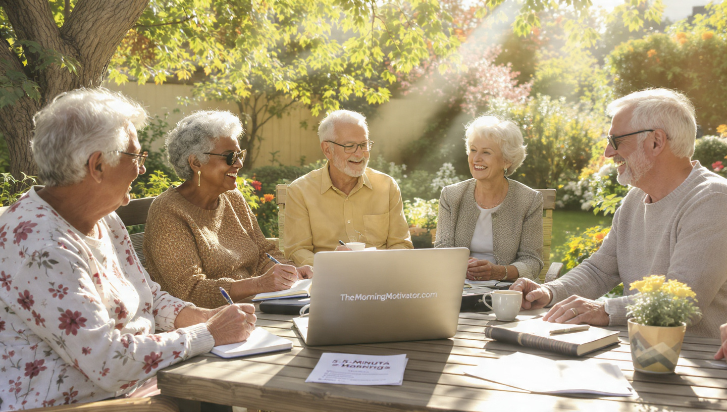 Photorealistic image of a diverse, warm group of mature adults (50s-70s) gathered in a sunlit, cozy garden space, engaged in genuine connection. Some are sharing stories, one is writing in a journal, another is smiling while holding a cup of tea. Soft natural light streams. On a table: a laptop showing TheMorningMotivator.com, a printed '5-Minute Theta Mornings' PDF, a small plant. The atmosphere is intimate, uplifting, and soul-led—like a trusted circle of growth. 