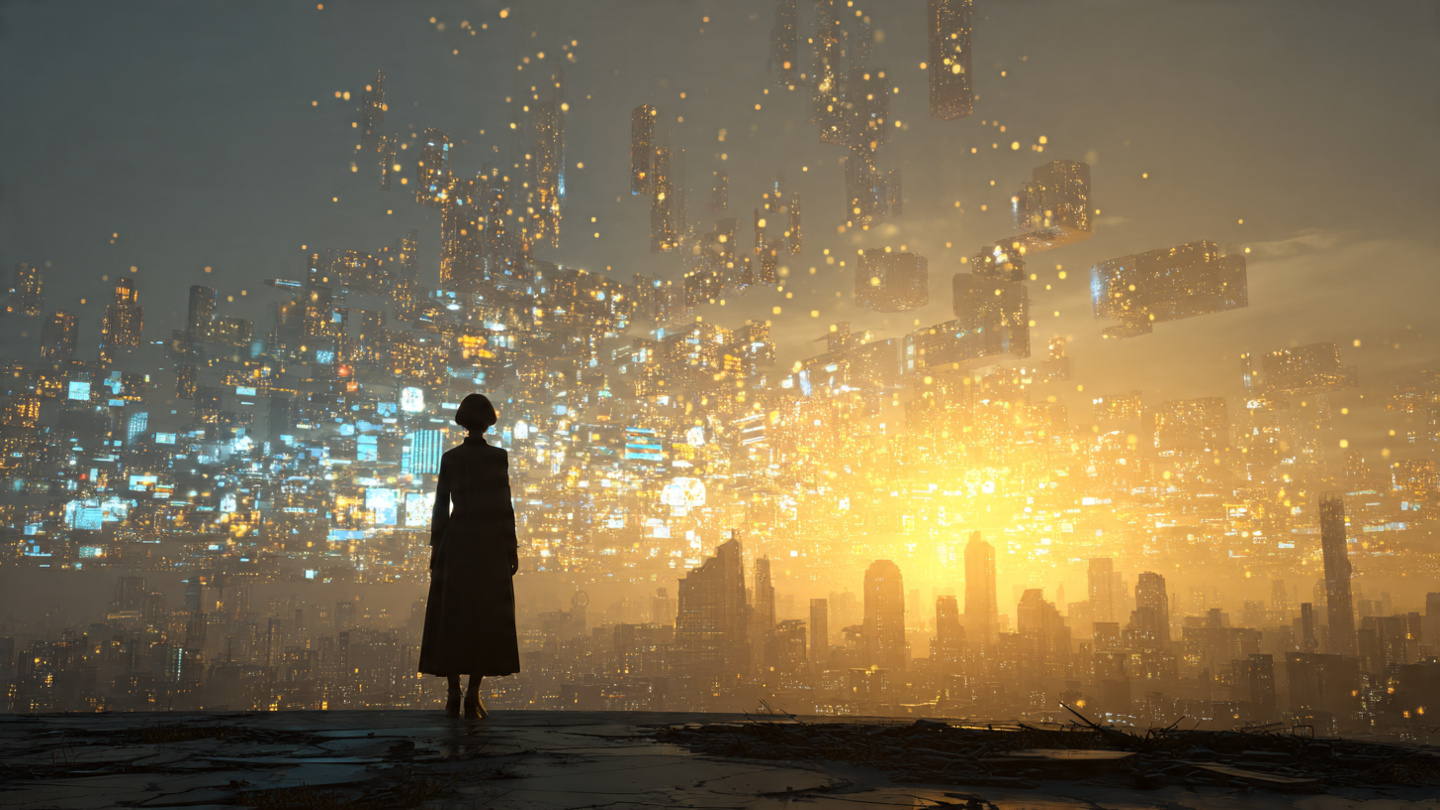 A photorealistic cinematic scene of a human silhouette standing at sunrise facing a futuristic city skyline filled with glowing AI networks, robotic structures, digital screens, and soft golden morning light, symbolizing humanity standing at the edge of an AI-driven future, dramatic yet hopeful