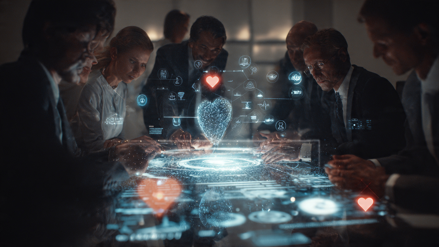 A diverse group of professionals collaborating around a holographic AI interface, with ethical symbols (scales, heart, light) subtly integrated