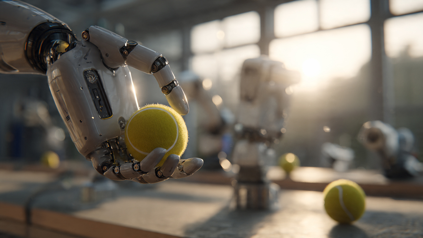 A cinematic, photorealistic close-up of a sleek robotic gripper gently but confidently holding a bright yellow ball in a modern tech lab at golden hour. Soft morning light streams through large windows, casting warm highlights on the metallic fingers and creating a subtle lens flare. In the blurred background, other gripper units are visible on a workbench, some mid-motion, suggesting a 'farm' of learning robots. The composition evokes a tender, almost parental moment—like a child's first successful grasp—symbolizing AI's rapid, childlike learning curve.