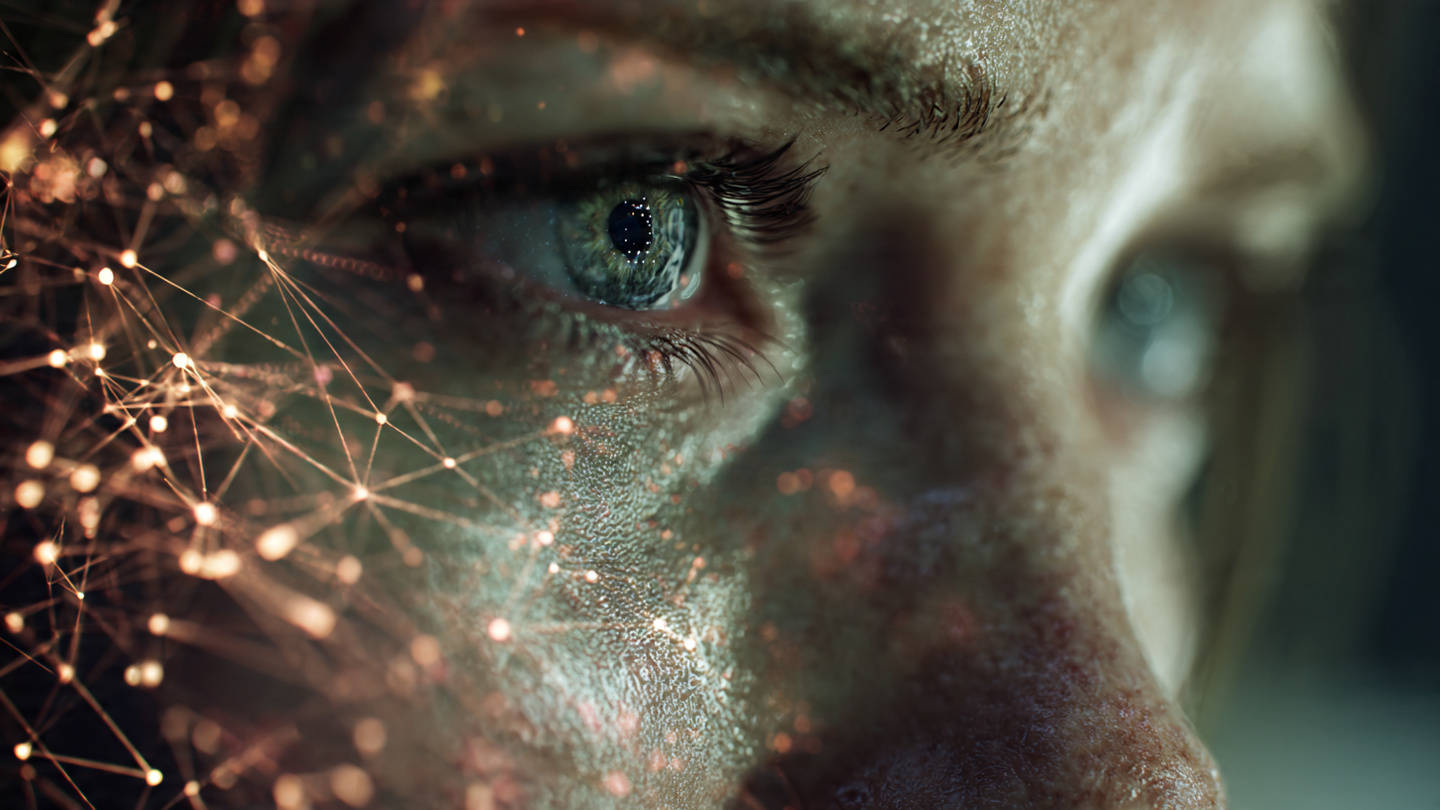 A photorealistic close-up conceptual image of a human face partially blending with a glowing neural network and advanced AI interface, symbolizing the merging of human intelligence and machine intelligence.