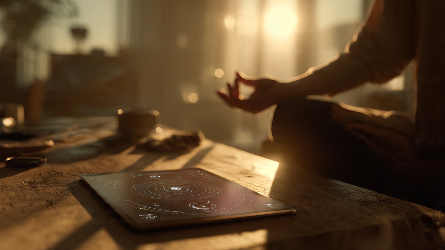 A peaceful morning scene: a person meditating at a desk with soft golden light, a tablet displaying gentle AI interface symbols nearby, symbolizing conscious tech integration.