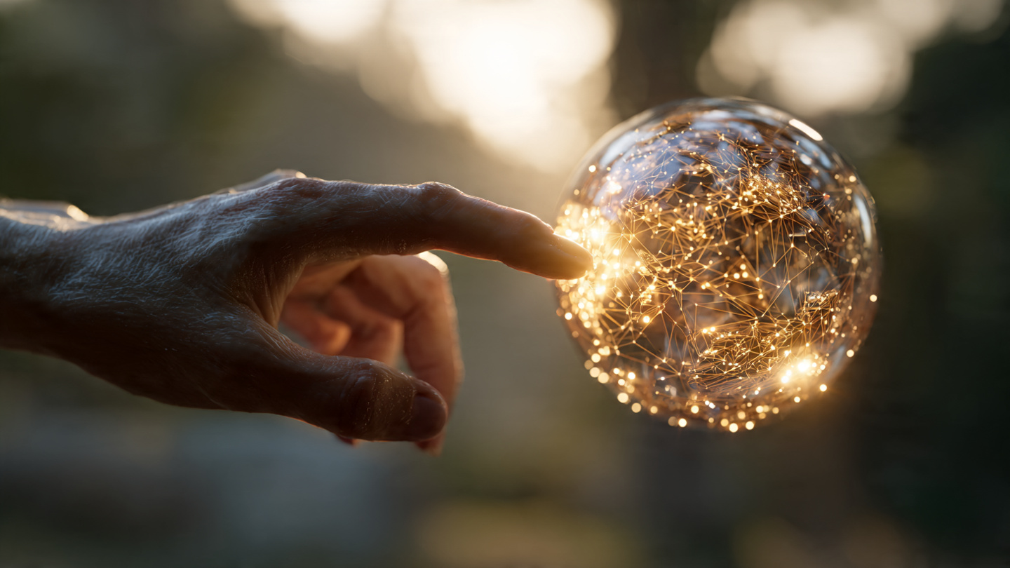 A serene human hand gently touching a glowing, translucent AI neural network orb floating in morning light, symbolizing conscious collaboration between humanity and artificial intelligence.
