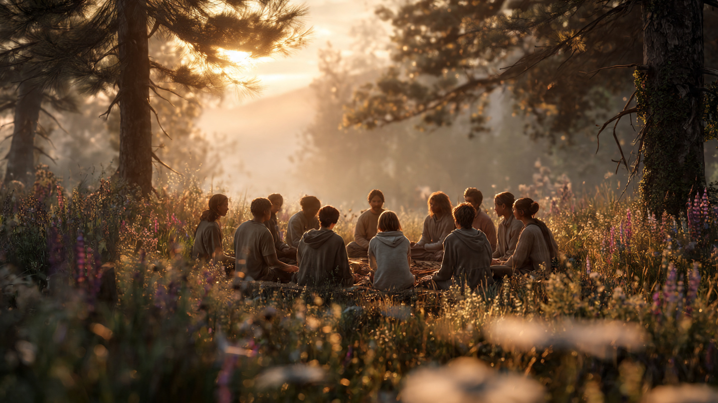 A breathtaking, photorealistic wide shot of a diverse group of people sitting in a loose circle on a dewy meadow at sunrise. They are of various ages, ethnicities, and genders, dressed in soft, natural-toned clothing. Some hold hands; others rest palms on the earth or have eyes gently closed in shared presence. The circle is nestled among wildflowers—lavender, daisies, lupines—and ancient, sun-dappled trees frame the scene. Golden sunrise light breaks through the treeline, creating ethereal sun flares and warm rim lighting on the group. Soft mist hovers low over the grass. The mood is deeply peaceful, connected, and reverent—humanity in harmony with nature and each other. Shallow depth of field with gentle bokeh on foreground flowers. 
