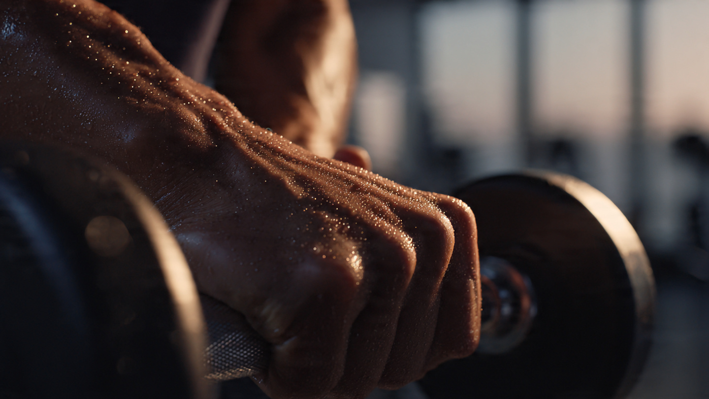 A close-up of a hand gripping a dumbbell with intention, soft morning light catching sweat droplets, blurred background of a clean minimalist gym, high detail, motivational mood