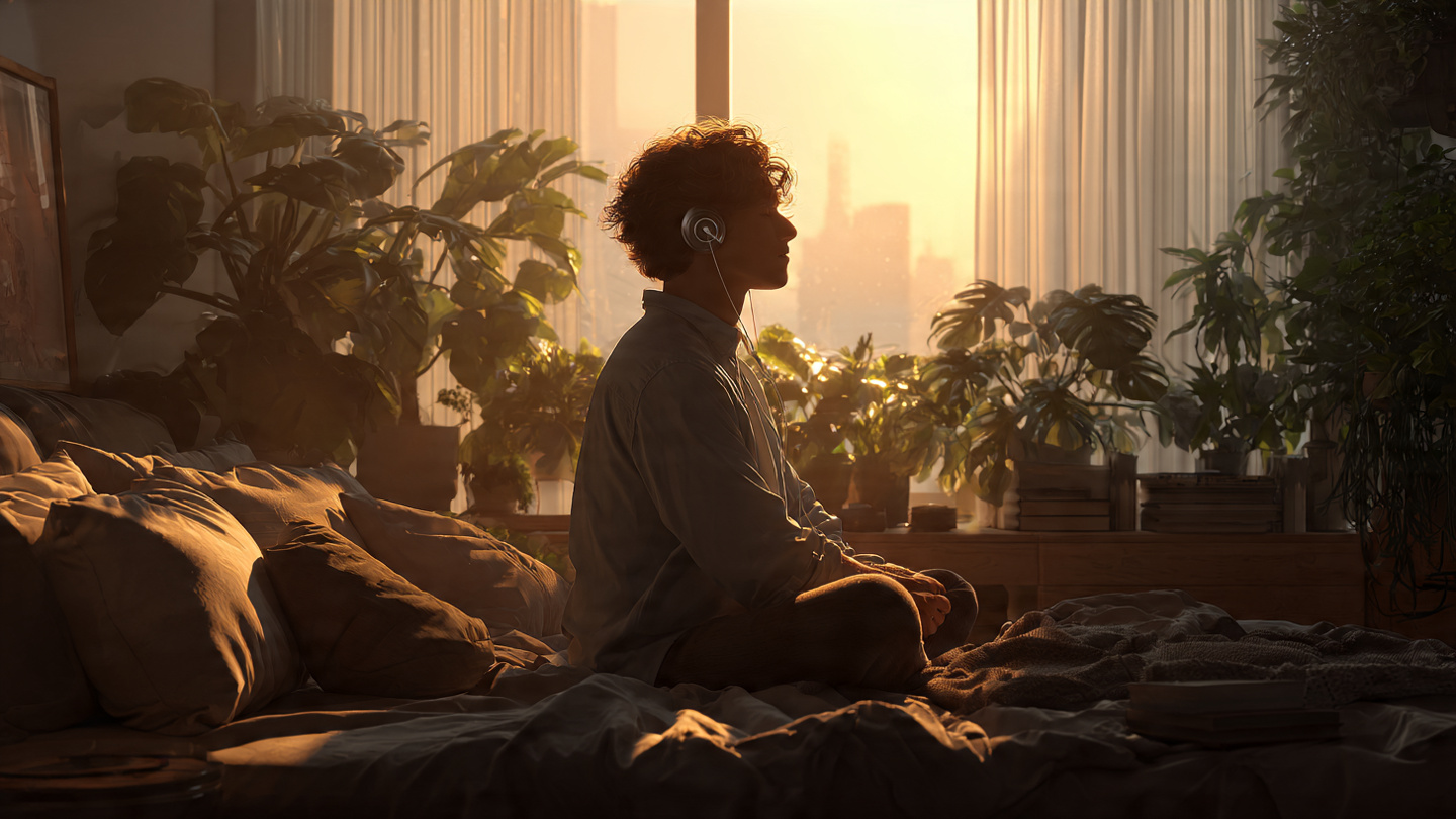 A person sitting peacefully on their bed at sunrise, earbuds in, arms at sides relaxed, soft morning light, calm expression, cozy bedroom setting with plants and natural textures, representing the 5-minute theta morning routine, warm color palette, peaceful atmosphere.
