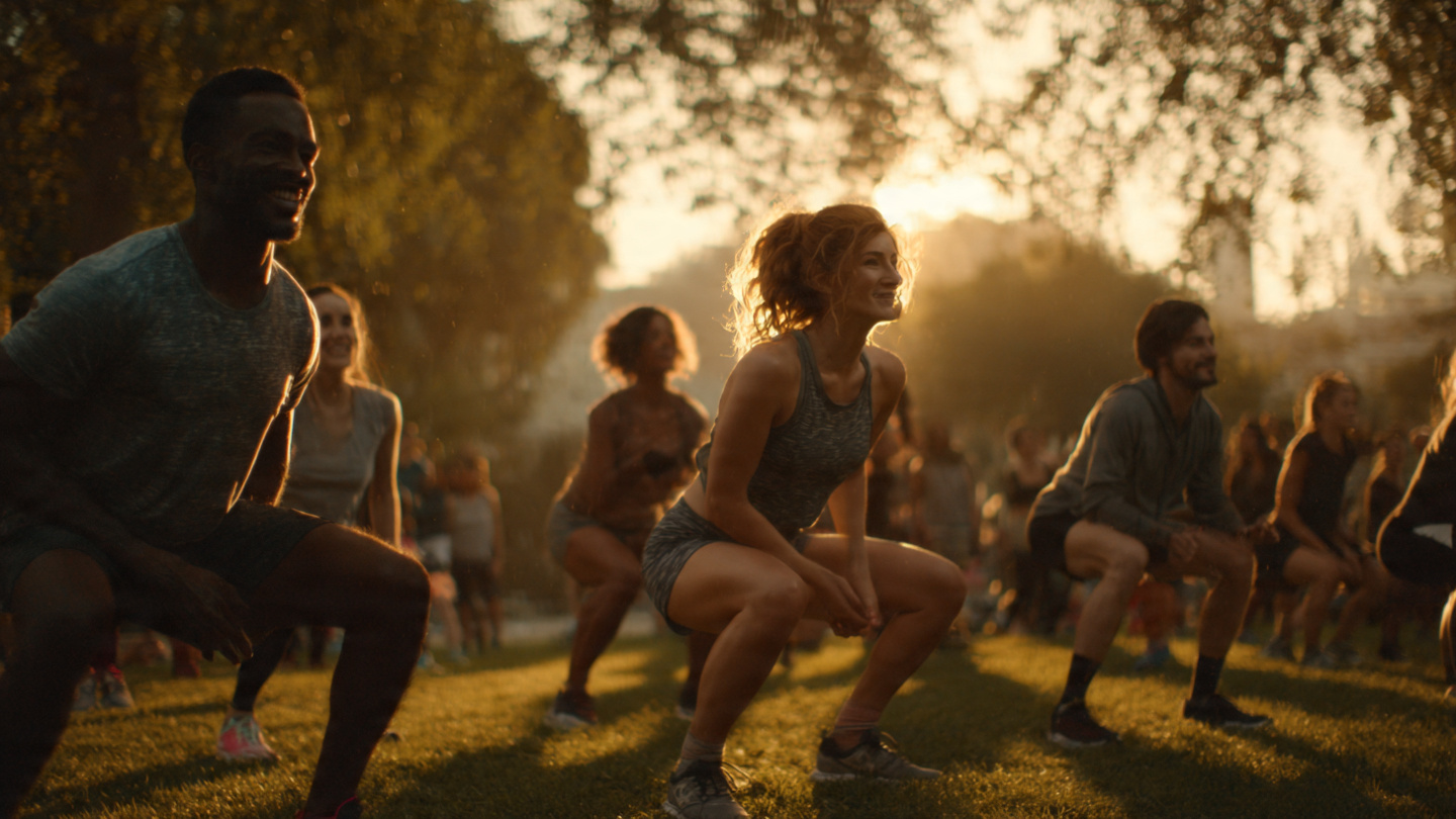 A diverse group of people (different ages, body types) performing functional movements together outdoors in a park at golden hour - squats, lunges, push-ups - all smiling and supporting each other, representing community and joyful movement, warm natural lighting, inspirational and inclusive.