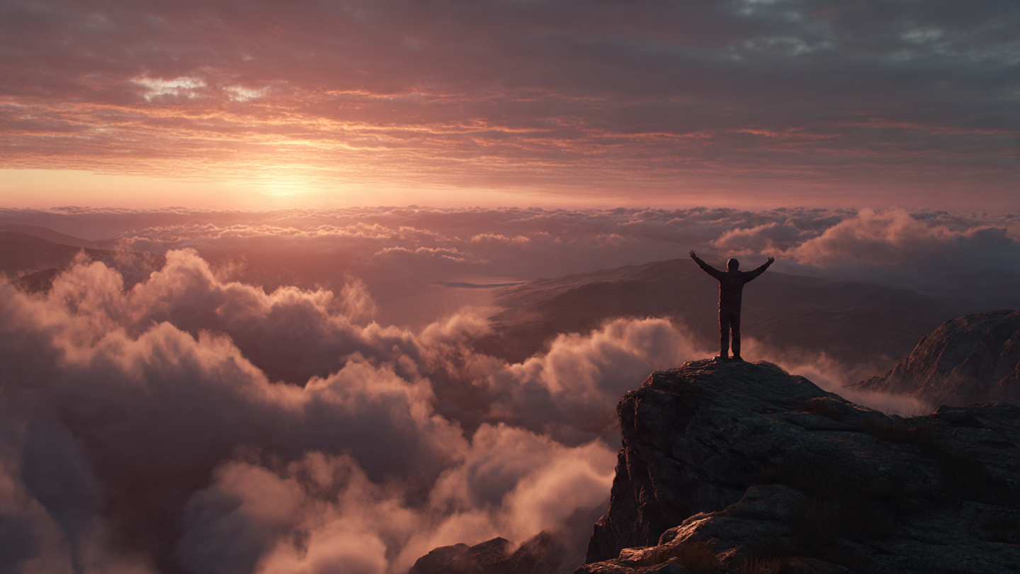 A person standing at the edge of a beautiful sunrise overlooking mountains or ocean, arms slightly raised in a victory/celebration pose, wearing athletic clothing, representing the "perfect day" vision and achievement through consistent awareness and action, epic cinematic lighting, inspirational and expansive mood