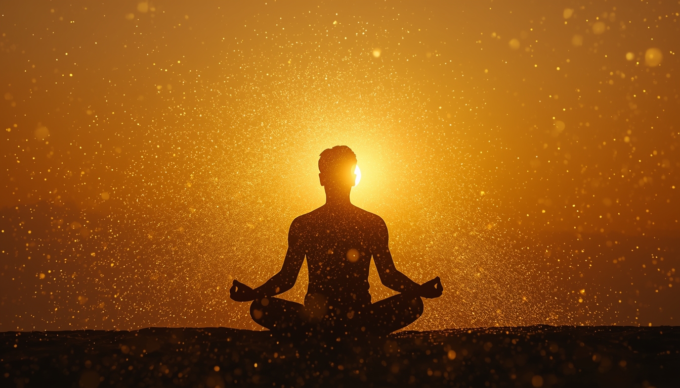 A person meditating in dawn light, their silhouette dissolving into particles of golden light that merge with the sunrise, representing the dissolution of ego and awakening to pure awareness. Cinematic lighting, ethereal atmosphere