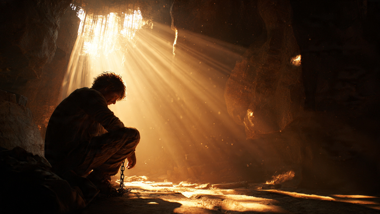 A person sitting in a dark cave, chains loosely falling from their wrists. Behind them, a bright golden light streams through the cave entrance, illuminating dust particles in the air.