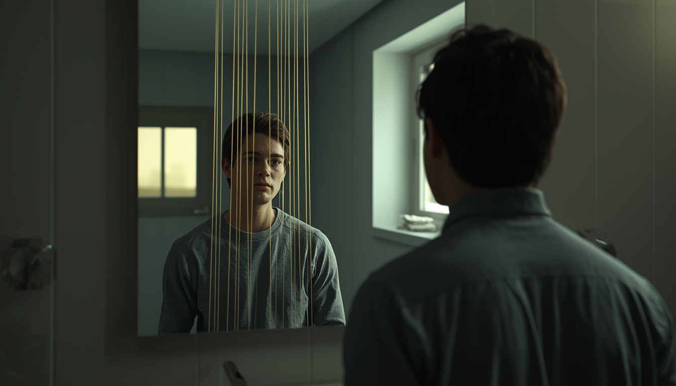 A person standing in front of a bathroom mirror, looking at their reflection. The reflection shows the same person but with thin visible strings attached to their arms and head, like a marionette puppet. The strings extend upward into darkness. Realistic modern bathroom setting, soft morning light through a window. Person's expression is one of realization, not fear.  (golden light on the strings). 