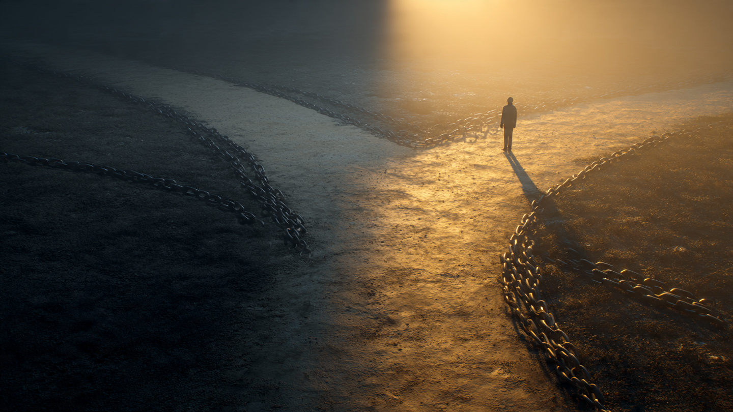 A person standing at a crossroads—one path is dark and filled with shadows and chains, the other path is illuminated with golden light dissolving into pure awareness. The person is mid-step, choosing the light.