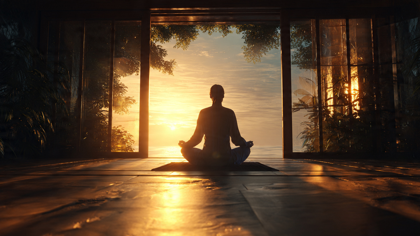 A person sitting in meditation at sunrise, golden light streaming through a window, their body semi-transparent revealing an inner luminous awareness. Peaceful, sacred atmosphere