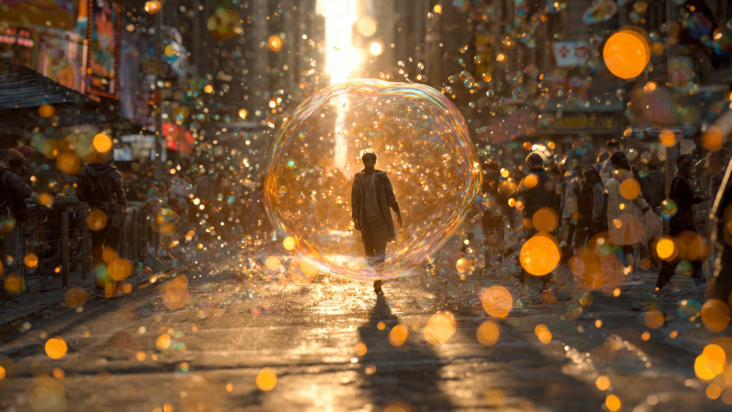 A person walking through a busy city street, but they are surrounded by a bubble of golden peaceful light while chaos continues around them, representing inner freedom regardless of outer circumstances. Urban setting