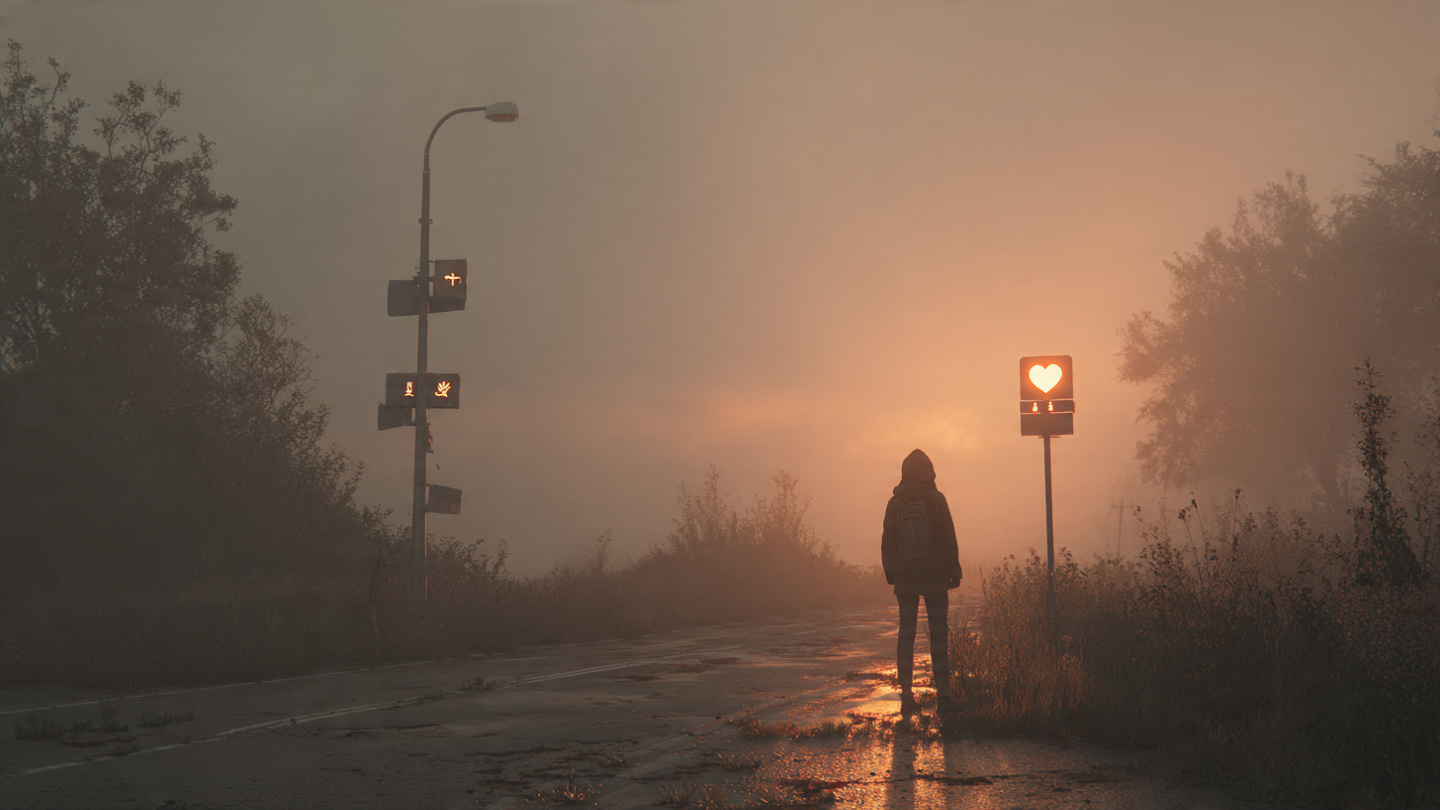 A person at dawn standing at a crossroads in misty morning light, one path clearly marked with external symbols (money signs, trophies, titles), the other path glowing