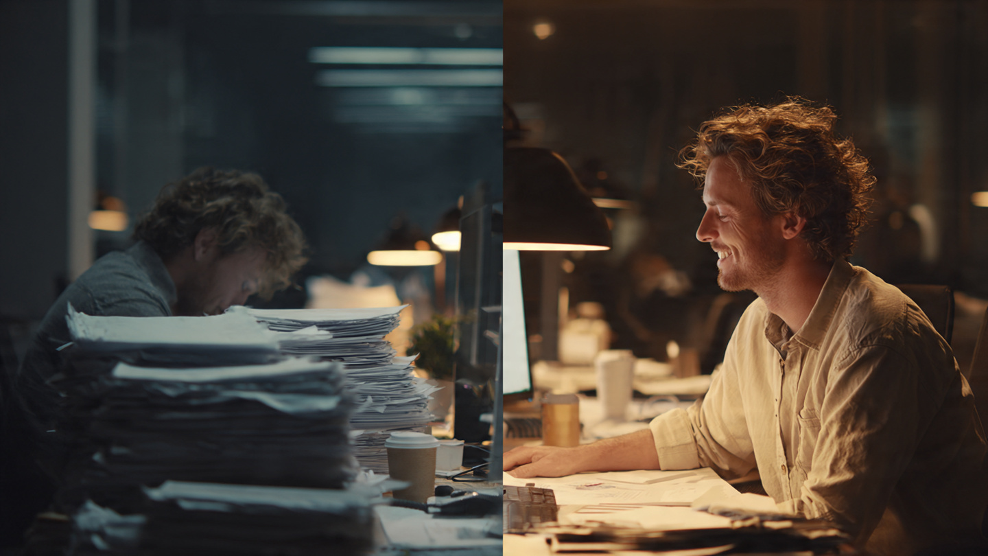 Split-screen composition showing the same person at a desk. Left side: drained, slumped posture, cold blue lighting, surrounded by stacks of papers and empty coffee cups. Right side: same person engaged, warm golden lighting, helping a colleague, genuine smile. Symbolic contrast between work as toil vs. work as calling.