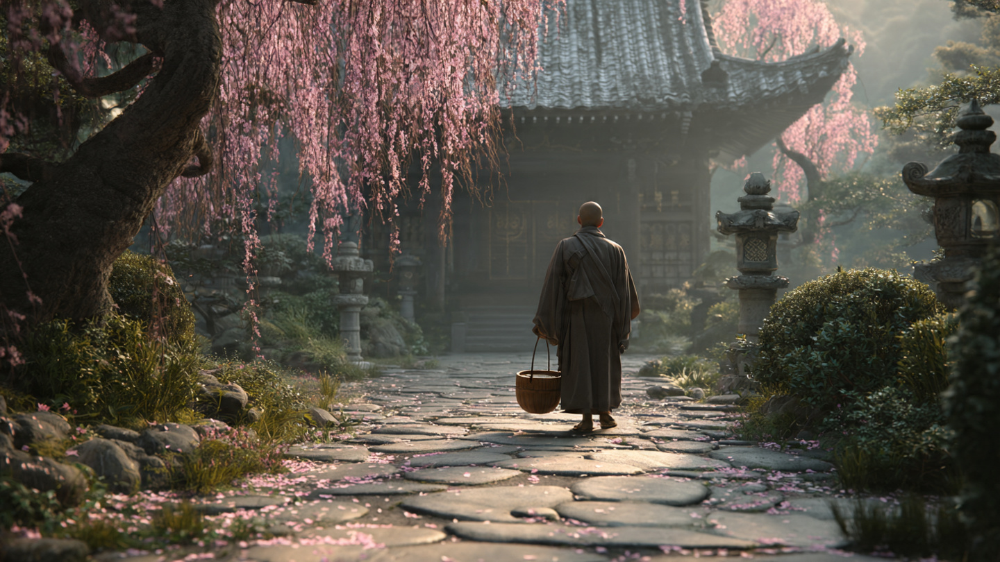 A serene Zen monastery garden at dawn. A monk in traditional robes carrying a wooden bucket of water along a stone path, cherry blossoms falling, soft morning mist, peaceful expression. Cinematic lighting, contemplative atmosphere. Symbol of finding calling in simple tasks done with presence.