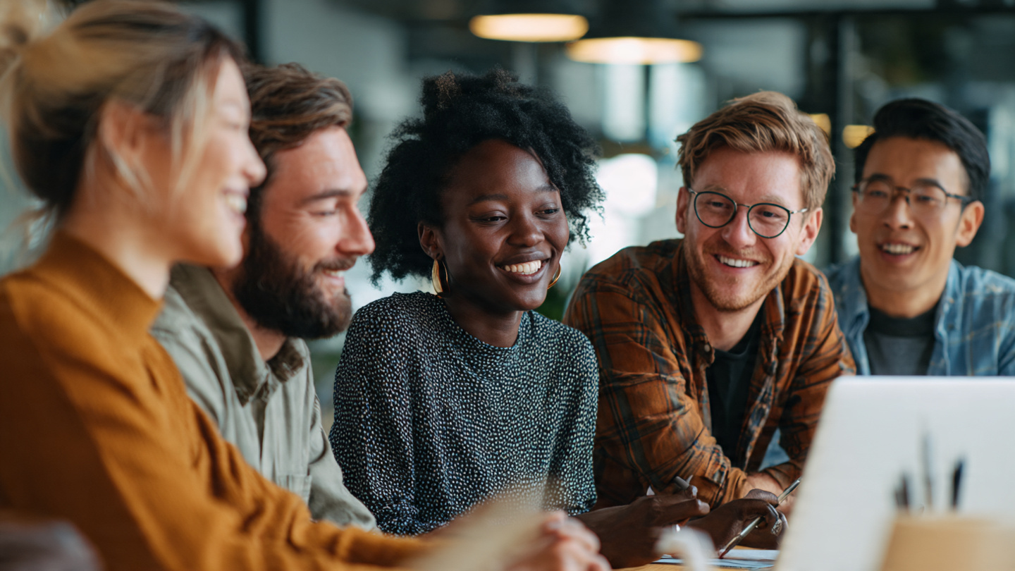 Diverse group of professionals in a modern office collaborating around a table. Warm lighting, genuine engagement, one person actively helping another understand something on a laptop. Symbols of service, connection, and meaningful work. Authentic, hopeful atmosphere.