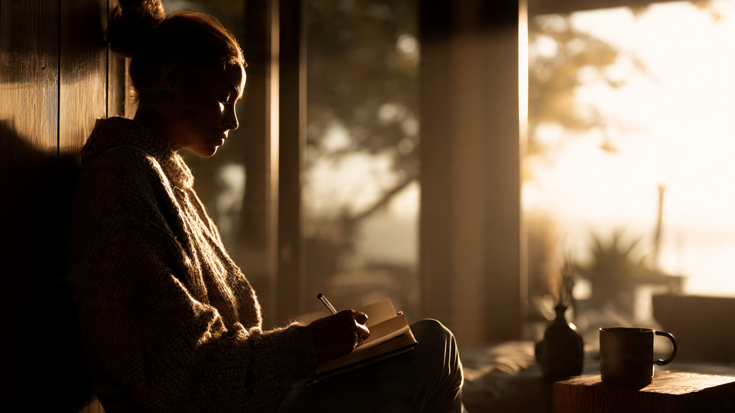 Person at sunrise sitting peacefully by a window with journal and coffee, soft golden light streaming in, calm focused expression, writing or reflecting. Symbols of morning practice, intention-setting, and conscious orientation. Warm, inspiring atmosphere.