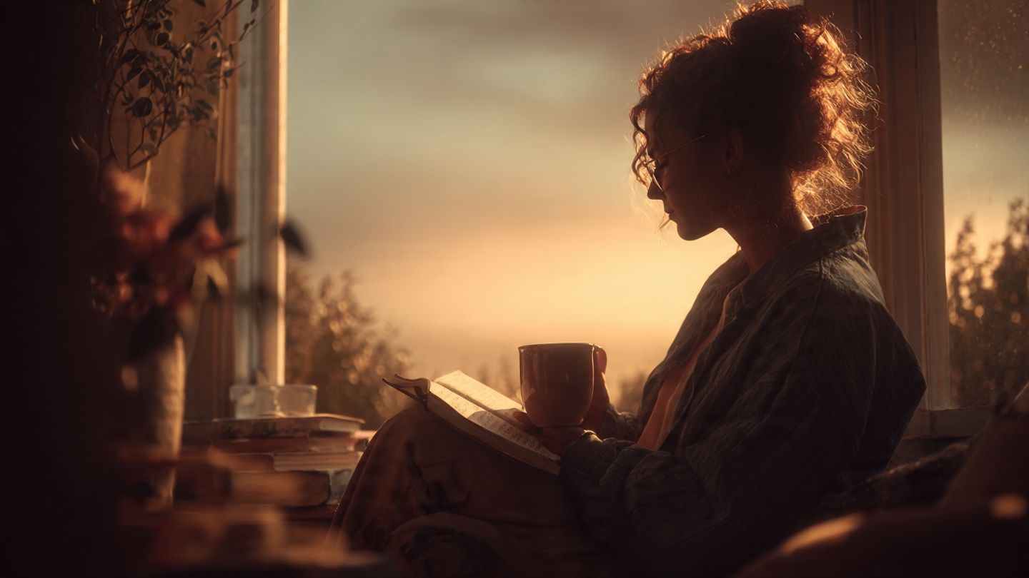 A woman sitting in a comfortable chair just as the sun's coming up she has a cup of coffee at her side and a journal and pen in her hand taking charge of her day
