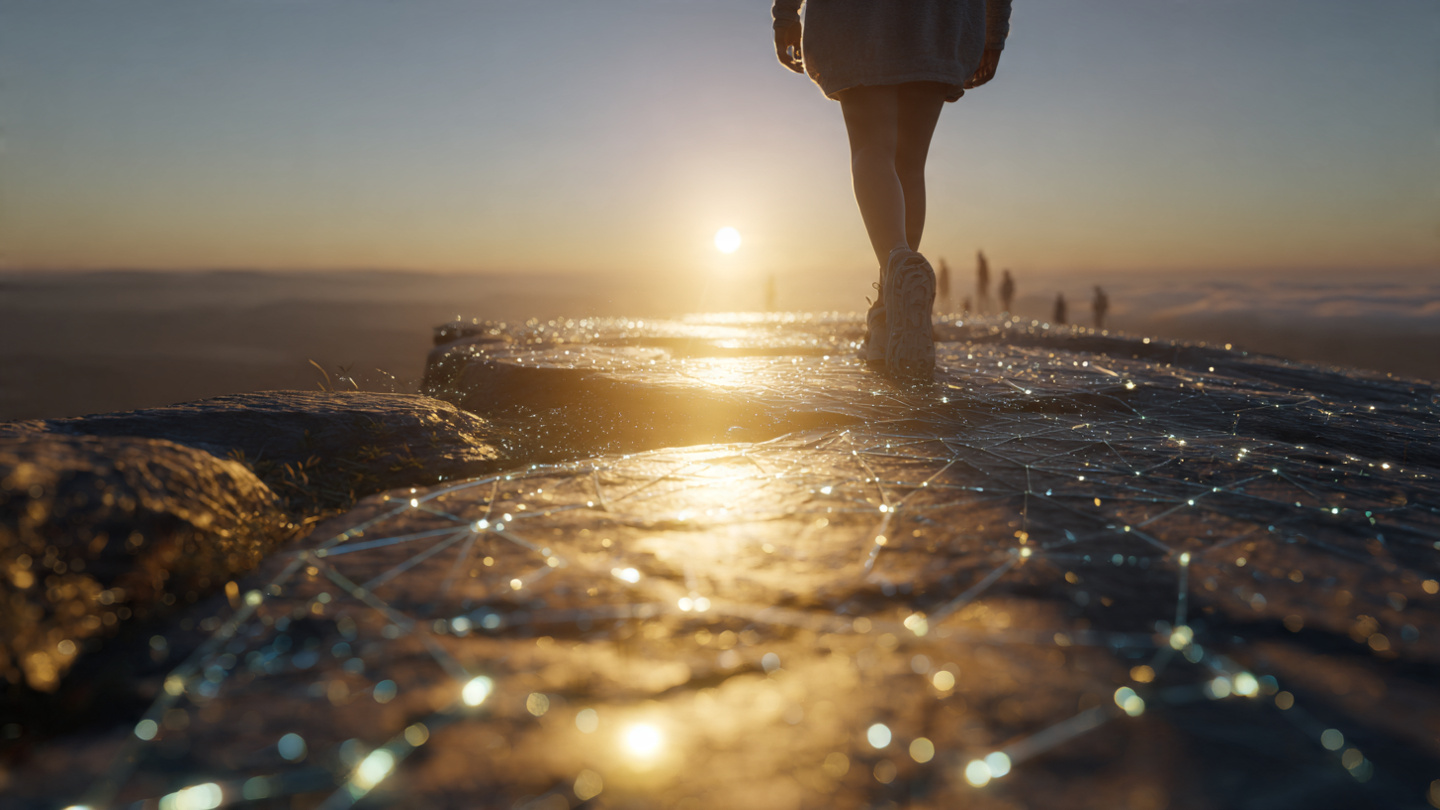 A person standing on a sunlit mountain path at golden hour, looking toward a radiant horizon where the sky transitions from deep dawn blue to warm amber light. At their feet, a subtle glowing pathway made of interconnected light nodes (representing the REAP framework: Recognize, Exchange, Activate, Program) leads forward. One foot is planted firmly on solid ground (representing awareness/where they are), while the other is mid-step toward the light (representing action/next best step). In the distance, faint silhouettes of a thriving community, thriving nature, and peaceful innovation blend into the horizon—symbolizing the 'Perfect Day' vision. Soft lens flare, cinematic depth of field, hopeful and empowering atmosphere. 