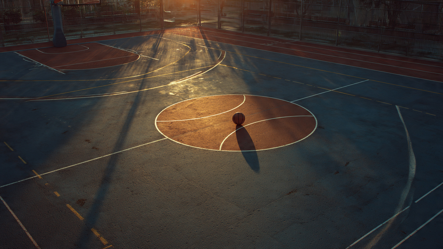 A basketball court at dawn, empty except for a single basketball in the center circle, dramatic lighting with long shadows, symbolizing solitude and dedication
