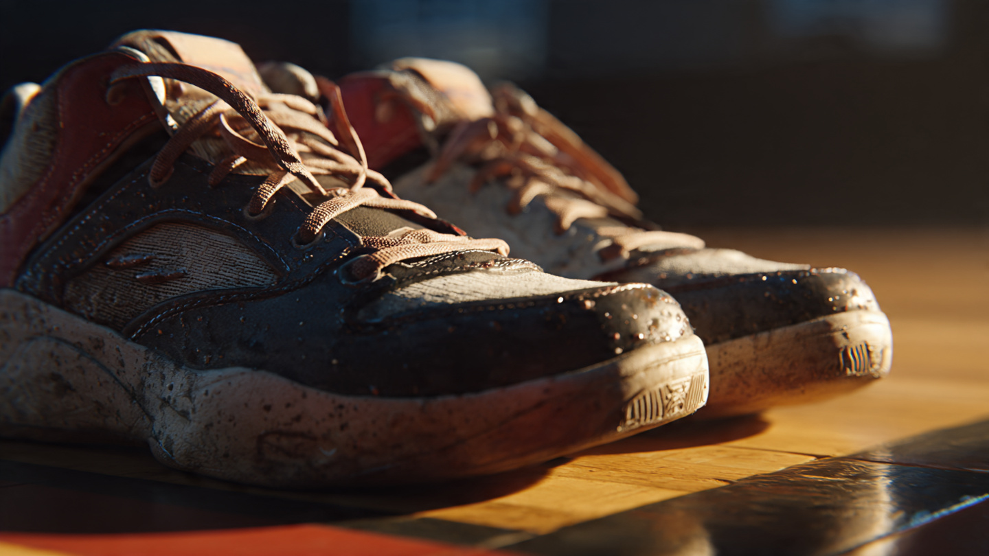Photorealistic close-up of worn basketball shoes on a hardwood court, dramatic side lighting showing texture and sweat, symbolizing relentless work ethic