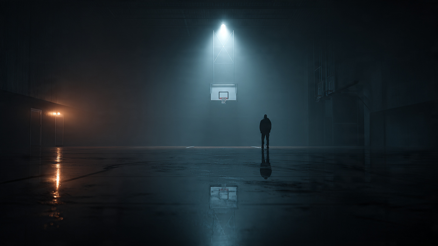 A lone figure in a dark gym at 4 AM, single spotlight on basketball hoop, silhouette of person, atmospheric fog, symbolizing solitary dedication