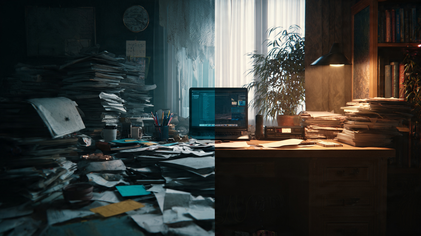 Photorealistic split-screen image: left side shows chaotic scattered papers and stress, right side shows organized focused workspace with clear goals, dramatic lighting transition, symbolizing transformation through systems