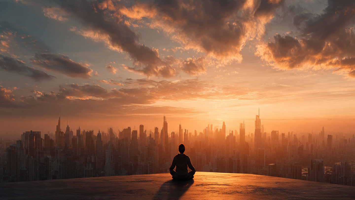 Photorealistic image of sunrise over a city skyline, golden hour light, person meditating on rooftop in silhouette, symbolizing morning routine and peak performance