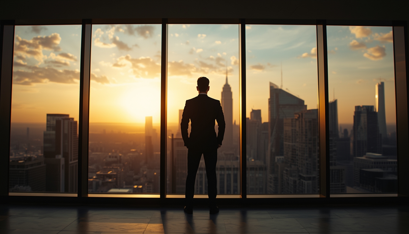 A successful entrepreneur at dawn standing confidently in a modern office with floor-to-ceiling windows, looking out over a city skyline. Warm golden hour lighting, professional attire, embodying calm determination and systems-thinking. 