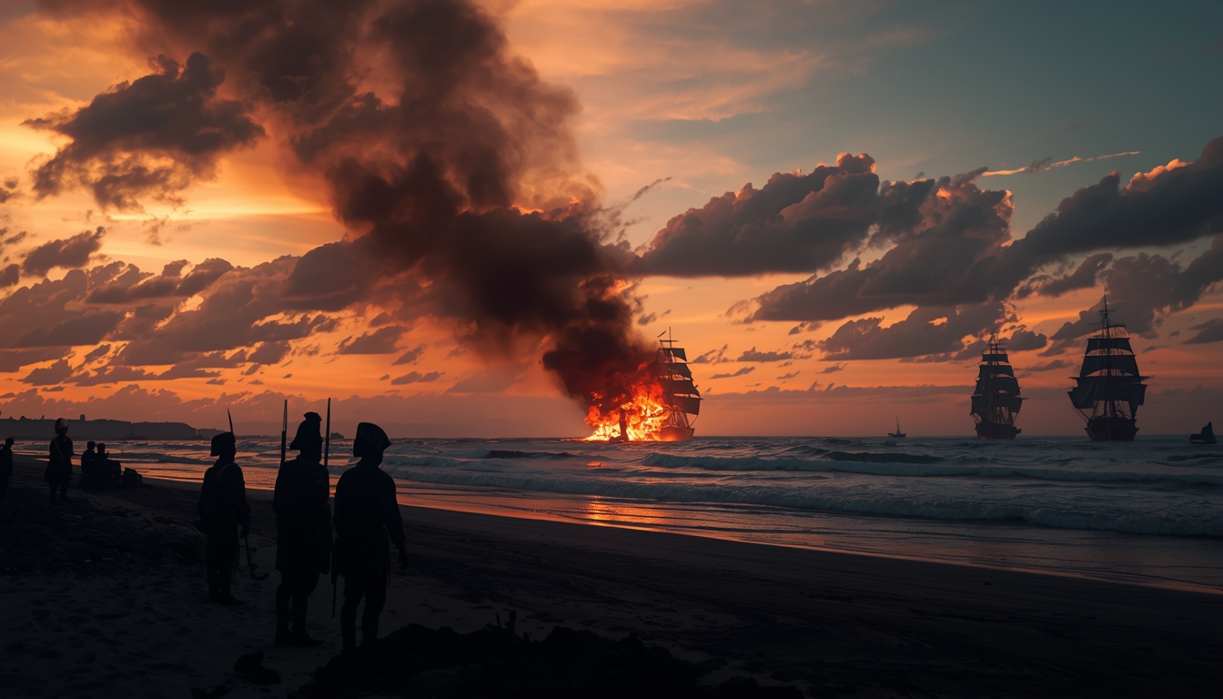 A dramatic historical scene of Spanish ships burning on a beach shoreline at dawn, silhouettes of soldiers watching, smoke rising against a dramatic sky. Cinematic, epic scale, historical accuracy with artistic license. 