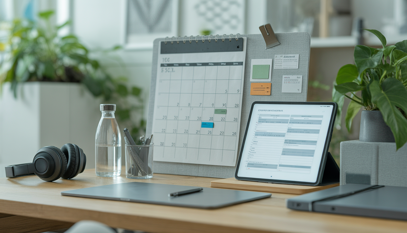A modern professional's organized workspace with visible systems: checklist on tablet, calendar with time-blocked schedule, noise-canceling headphones, water bottle, plants. Clean, minimalist aesthetic, natural lighting. Represents systematic success.