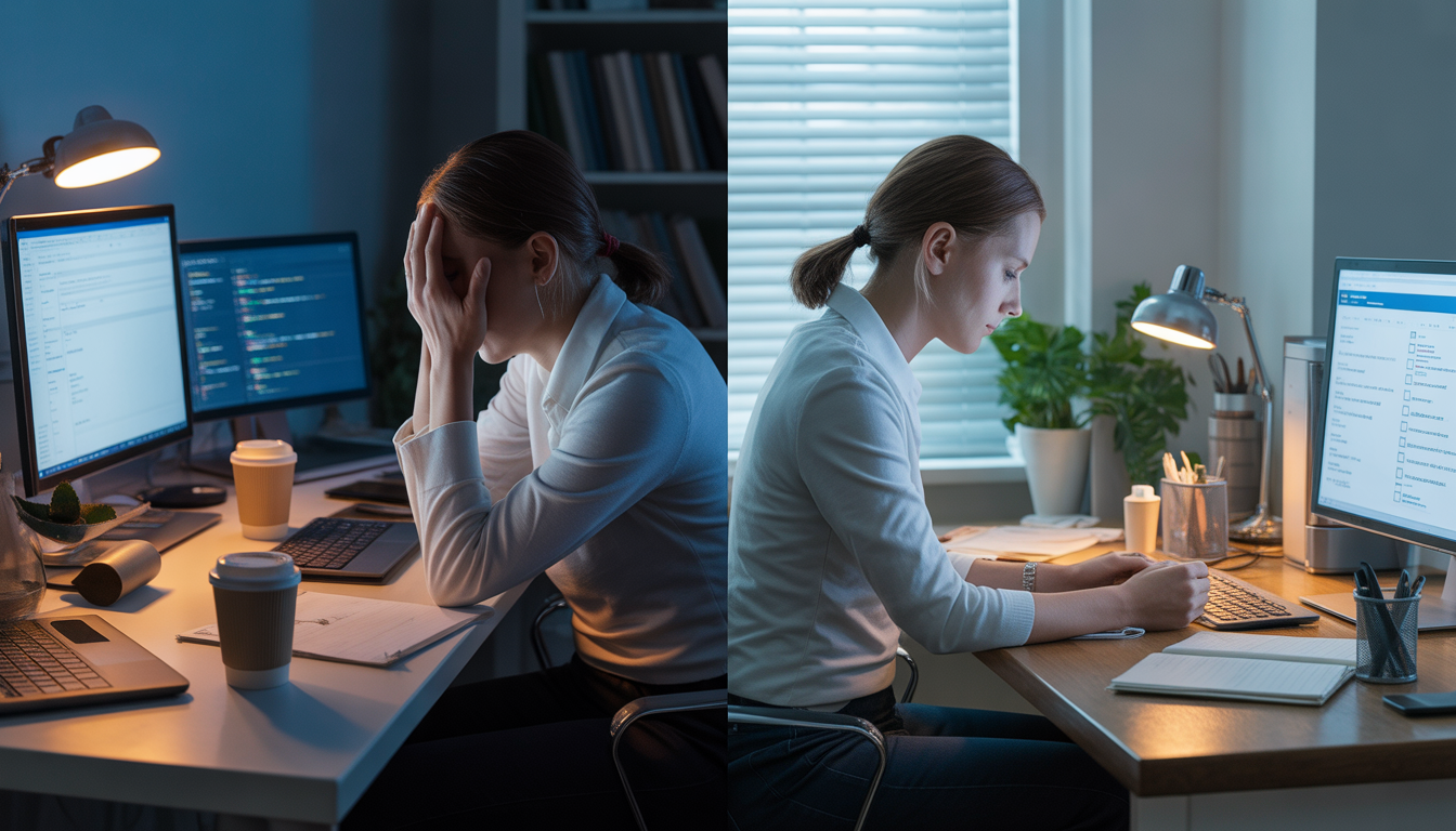 A split-screen image showing contrast: Left side shows exhausted person at cluttered desk late at night, stressed, multiple screens, coffee cups. Right side shows same person calm, morning light, focused on single task, clean workspace, checklist visible. Ultra-detailed transformation visualization.