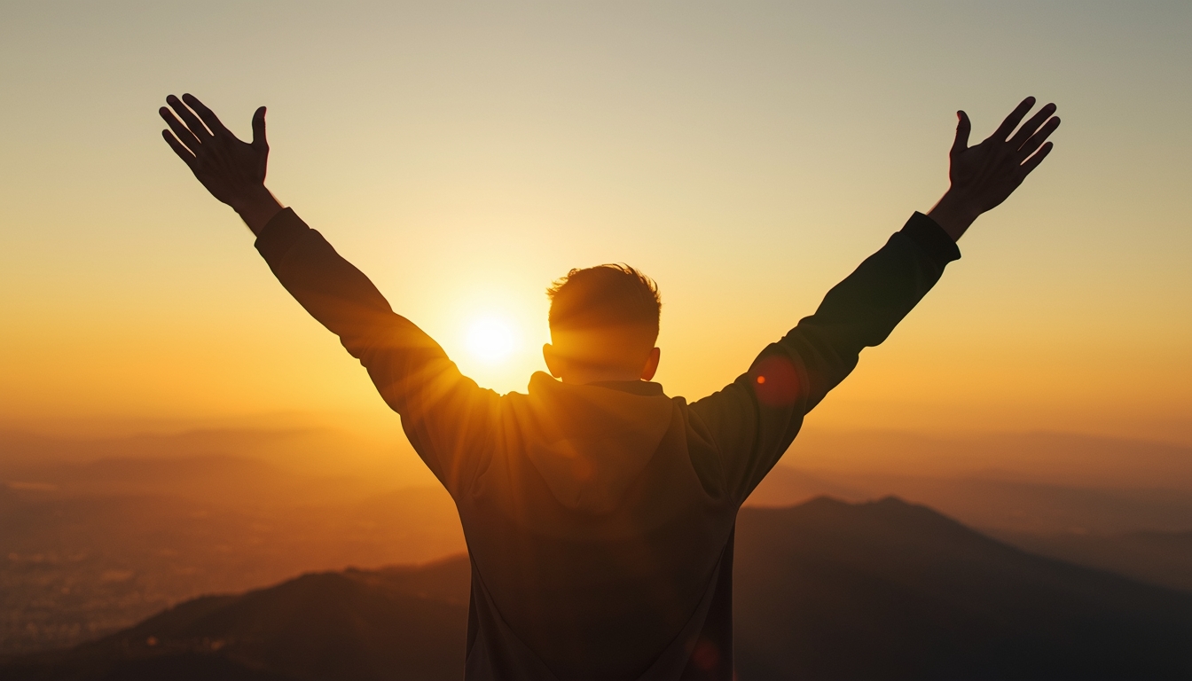 A person at sunrise on a mountaintop or rooftop, arms raised in victory, calm confident expression, golden light, representing mastery through systems. Inspirational, aspirational