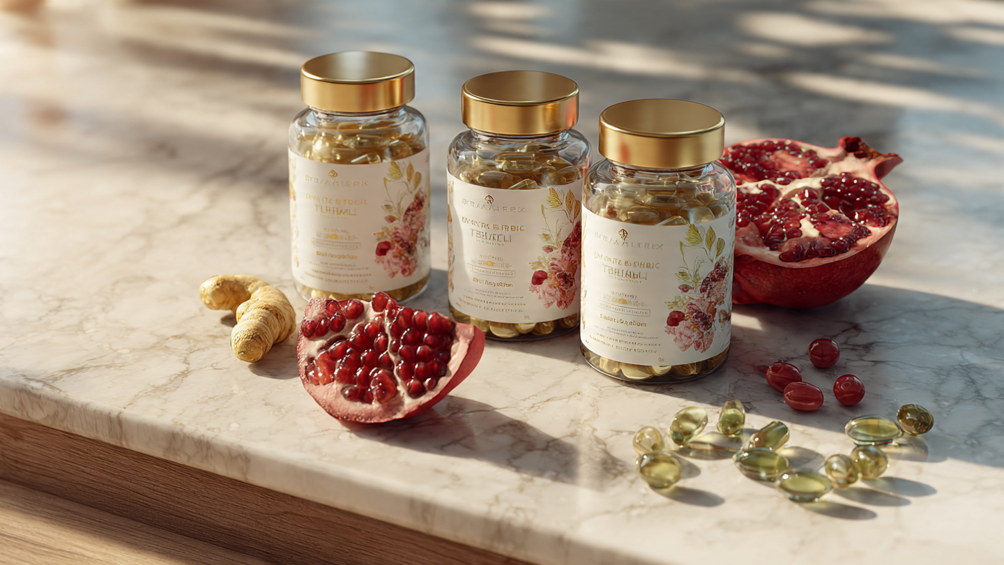 A powerful, clean morning supplement setup on a sleek white marble surface. Three glass supplement bottles labeled with natural botanical imagery, golden turmeric root, a pomegranate cut open showing ruby red seeds, and green amino acid crystals arranged artistically. Warm golden morning light streaming in from the left. Professional health and wellness aesthetic.