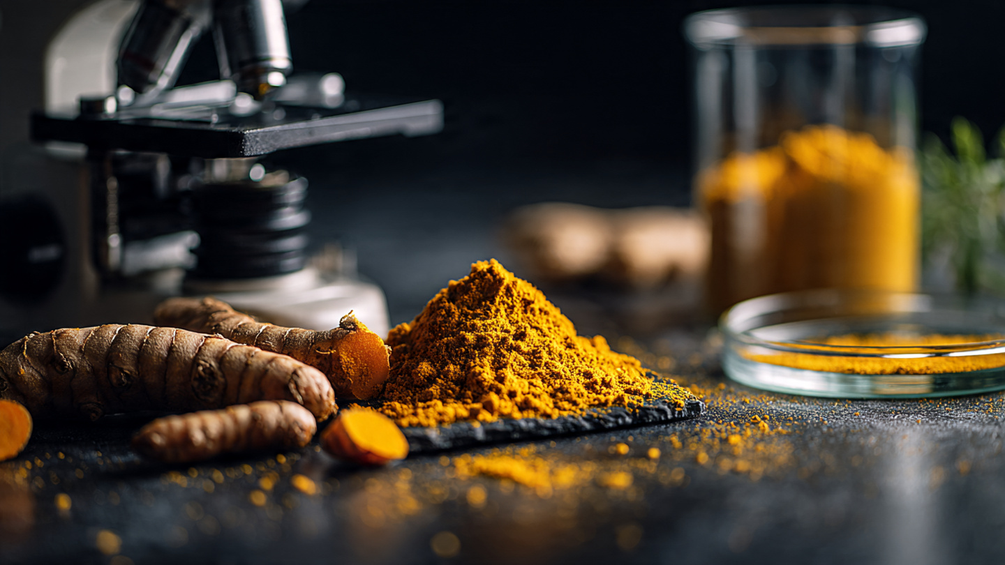 A of glowing golden curcumin powder and fresh turmeric root on a dark slate surface. A scientific microscope slide and a petri dish subtly visible in the background suggesting research. Warm amber lighting. Cinematic macro photography aesthetic. 