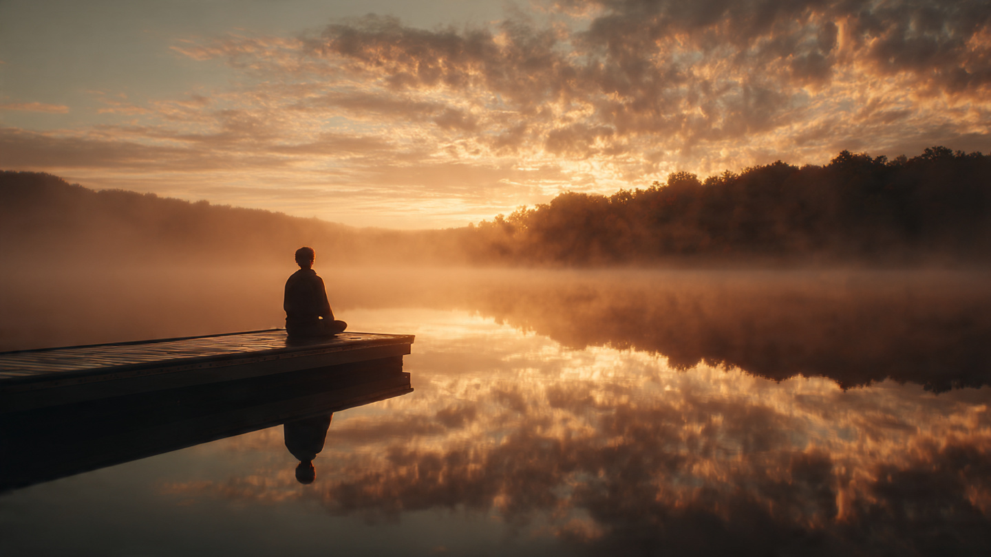 A serene morning sunrise over a calm lake, with golden light reflecting on water, a single person in meditation silhouette on a dock, soft mist rising, symbolizing consciousness, energy, and new beginnings. 