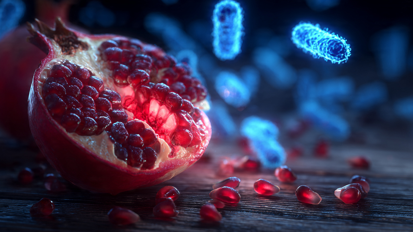 A vibrant, jewel-red pomegranate cut open with seeds spilling onto a dark wood surface. A glowing visualization of mitochondria — small oval energy-producing structures — subtly overlaid in the background with soft bioluminescent blue light. Scientific and beautiful simultaneously.