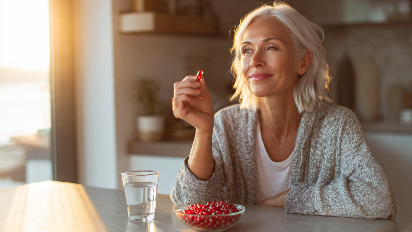 A fit, healthy woman in their late 40s or early 50s sitting at a clean kitchen counter, morning light filling the room. They are thoughtfully holding a supplement capsule ready to take with a glass of water and a small bowl of pomegranate seeds. Calm, intentional, optimistic morning energy. No clutter. Warm golden hour light. 