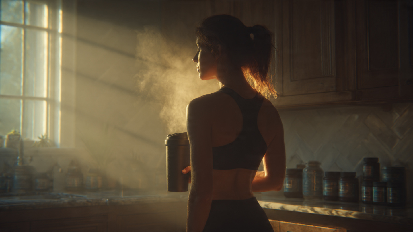 A woman in athletic wear post-workout, holding a shaker bottle with steam rising, soft morning light, background showing a clean kitchen counter with supplement containers neatly arranged, symbolizing recovery and intentional supplementation. 
