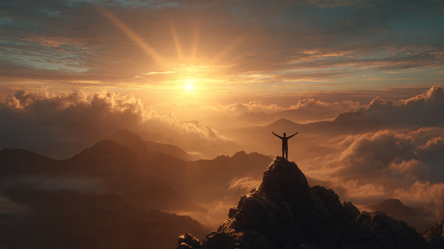 A sunrise over a mountain peak, a single person standing with arms open in gratitude, golden light illuminating the scene, symbolizing achievement, consciousness, and perfect days. 