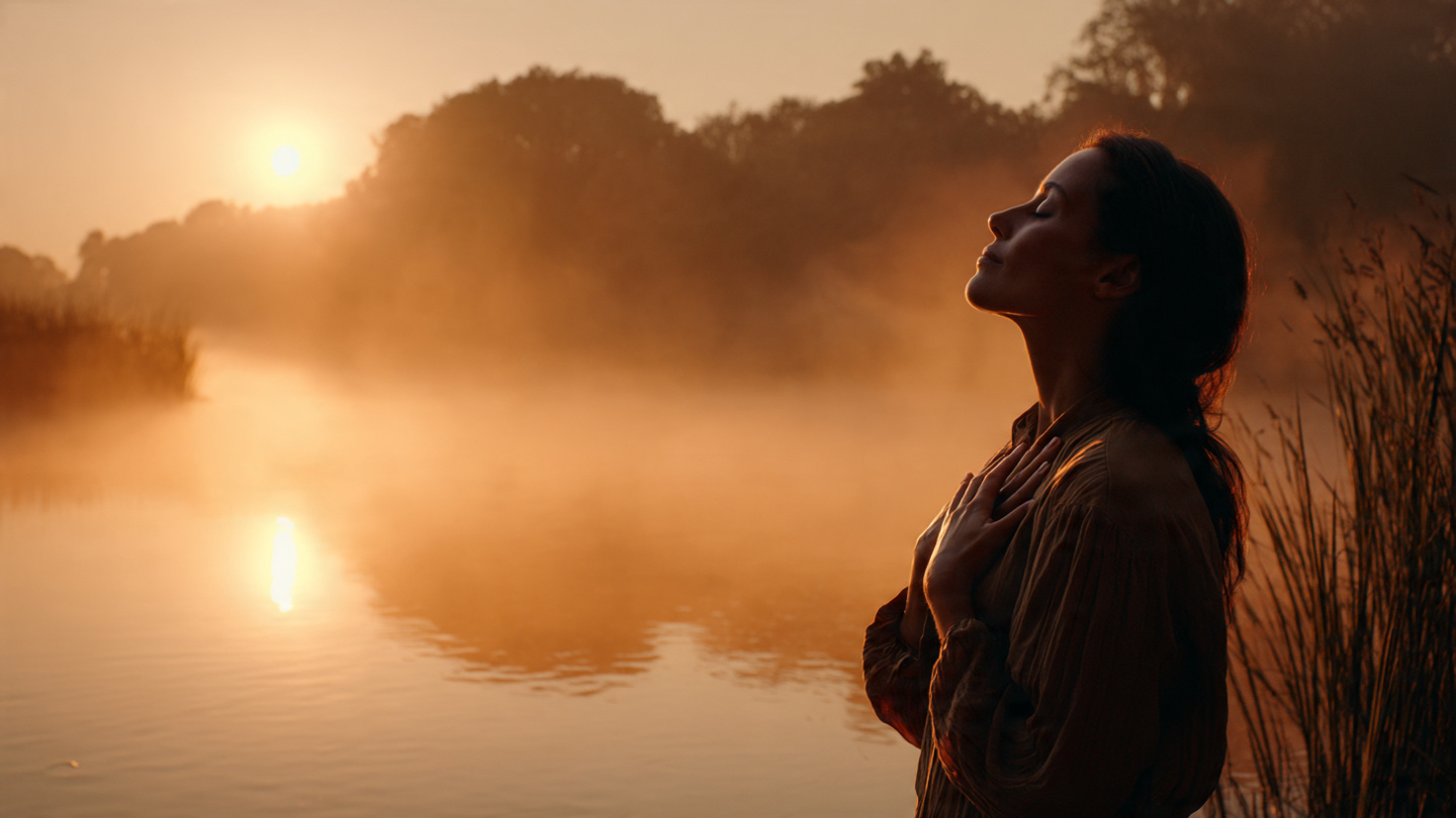 A golden hour sunrise over misty lake, lone figure standing at water's edge, eyes closed, hands on chest, face toward sun, soft lens flare