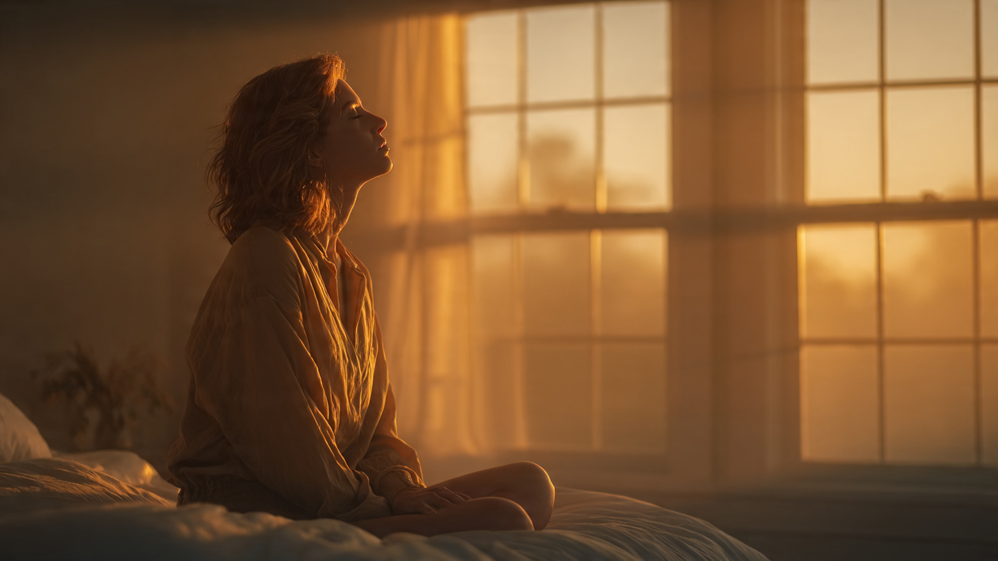 A woman sitting on the edge of their bed at dawn, soft golden morning light streaming through bedroom windows, eyes closed in peaceful contemplation, hands resting on knees, serene expression