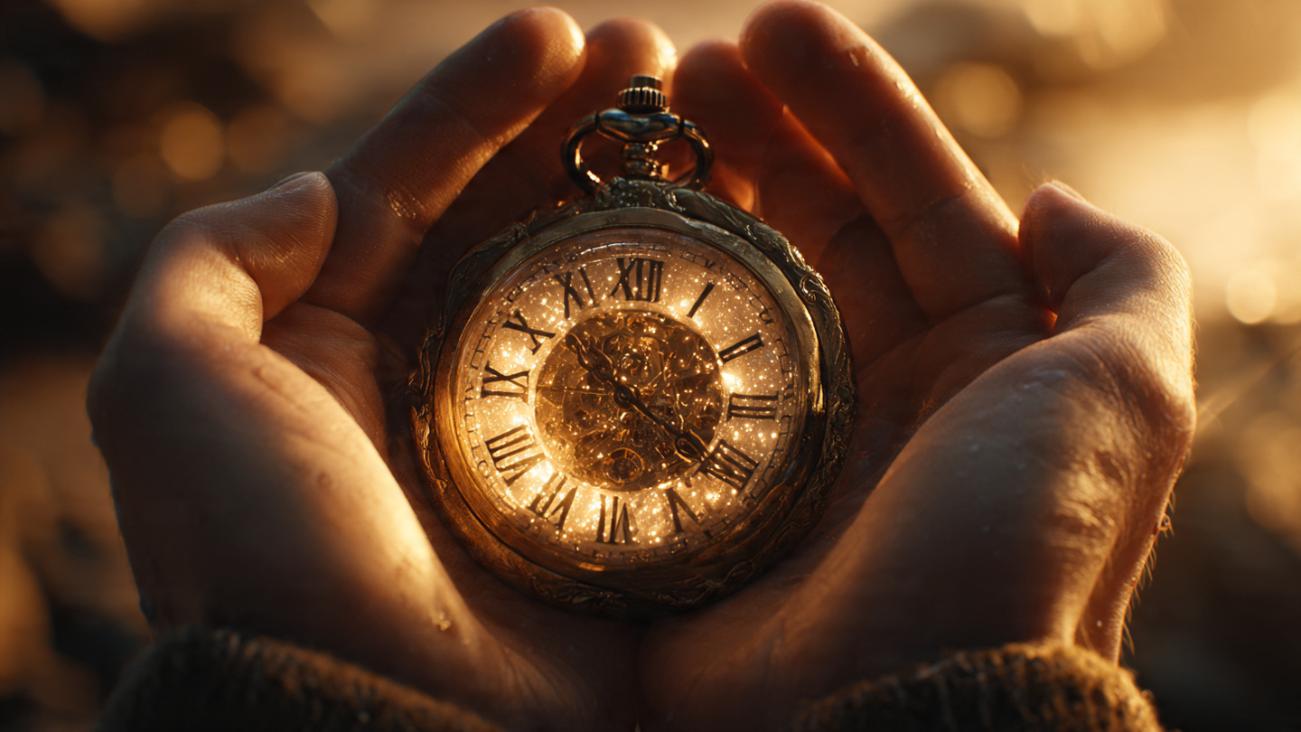 A photorealistic image of hands holding a glowing pocket watch or clock, golden hour lighting, symbolic of time ownership, shallow depth of field, warm amber and gold tones