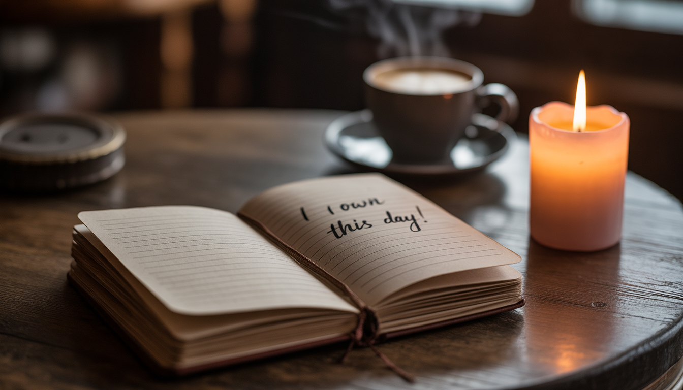 A weathered journal open on a wooden table beside a single candle burning low. Hand-written text visible: "I own this day." Steam rising from a dark coffee cup in the background. 