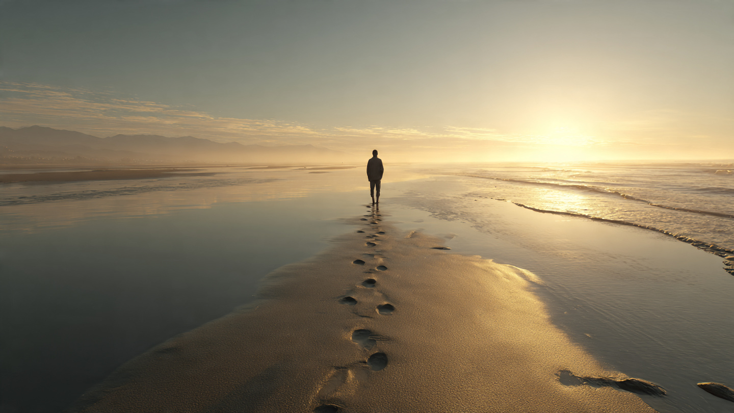 A wide shot of a person walking alone on an empty beach at sunrise, footprints trailing behind them in wet sand. Back turned to camera—facing vast horizon. Golden light, calm water. Symbolism: moving forward, past behind, infinite ahead