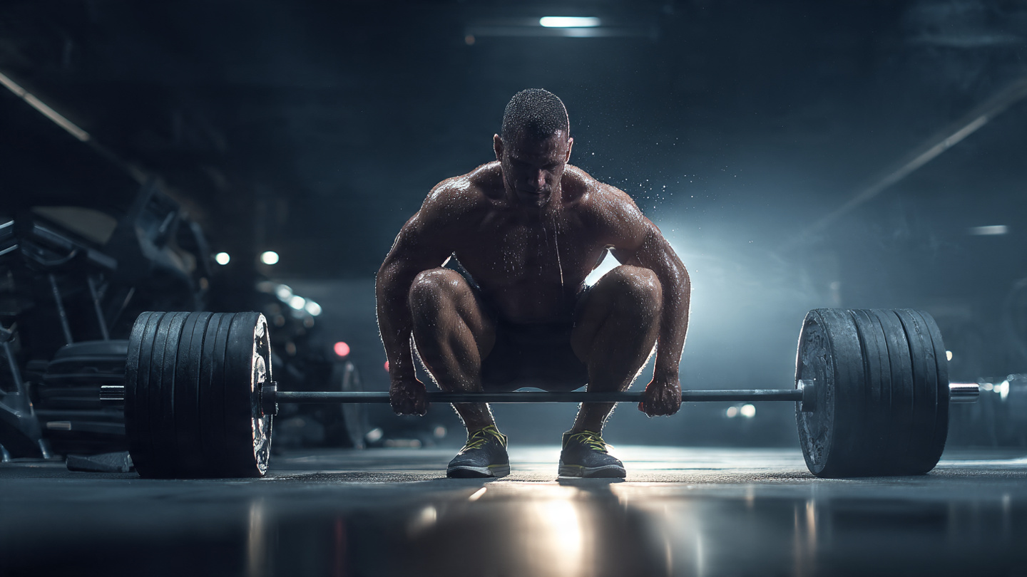 An athletic person finishing a weight workout in a modern gym, sweat dripping, legs visibly pumped and fatigued, with a treadmill blurred in the background—symbolizing the choice between rest and cardio post-workout. 