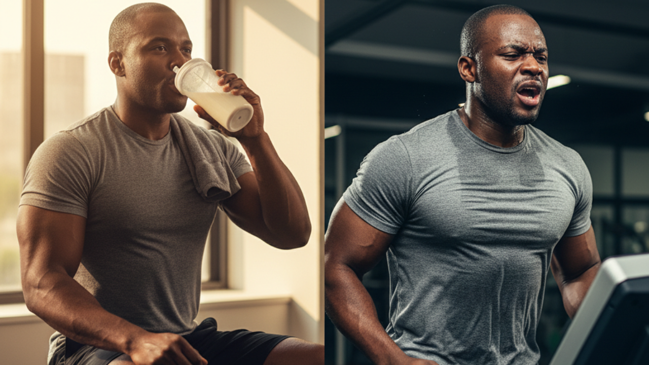 Photorealistic 16:9 split-screen image. Left side: person sitting calmly post-workout, drinking a protein shake, muscles visibly full and pumped, relaxed expression. Right side: same person on a treadmill, gasping, sweating heavily, muscles deflated. Visual contrast between recovery and continued stress. 