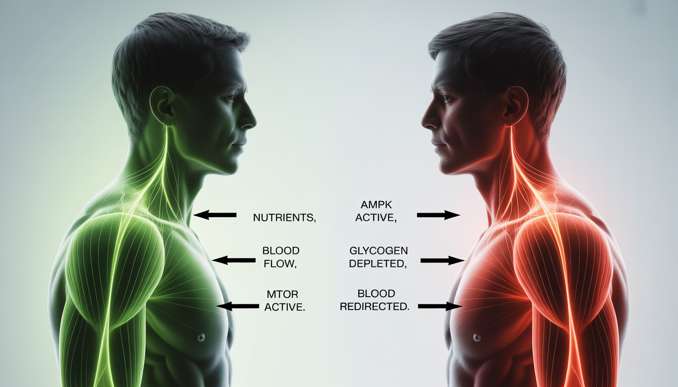  Photorealistic 16:9 diagram-style image showing two human silhouettes side-by-side. Left silhouette: glowing green aura around muscles, arrows pointing inward labeled "nutrients," "blood flow," "mTOR active." Right silhouette: red/orange aura, arrows pointing outward labeled "AMPK active," "glycogen depleted," "blood redirected." 